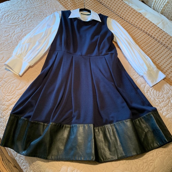 Calvin Klein Faux Leather Trim Fit&Flare Dress Blue/Black Size 12 - Picture 1 of 11